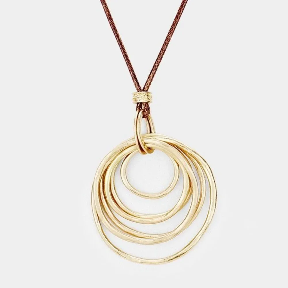 New Womens Boutique Worn Gold Layered Metal Hoop Pendant Long Necklace - Picture 2 of 2